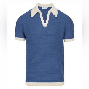 Retro blue and ivory knit V-neck polo